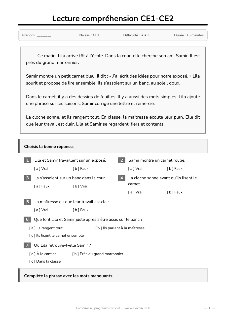 Aperçu de la fiche CE1