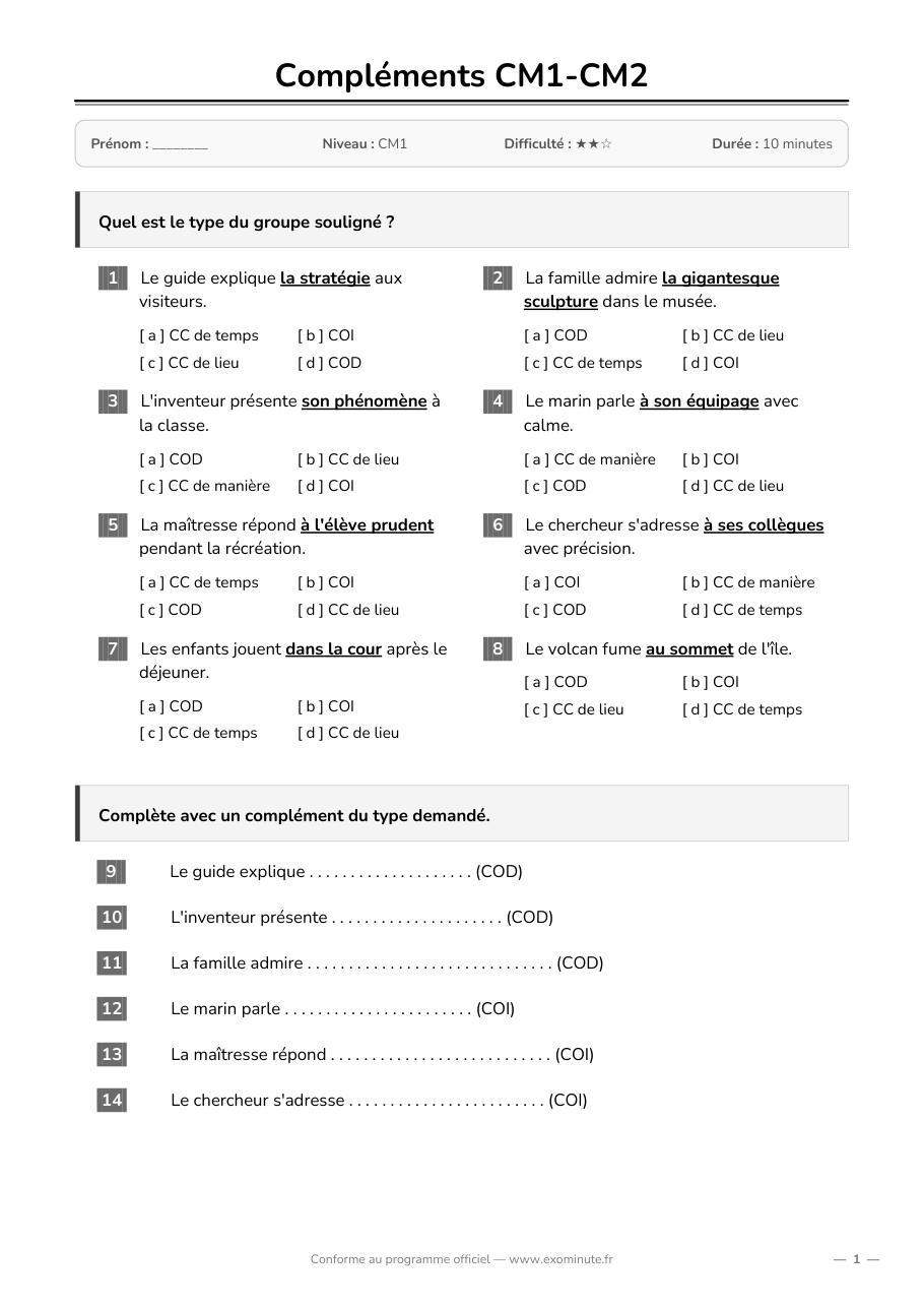 Aperçu de la fiche CM1