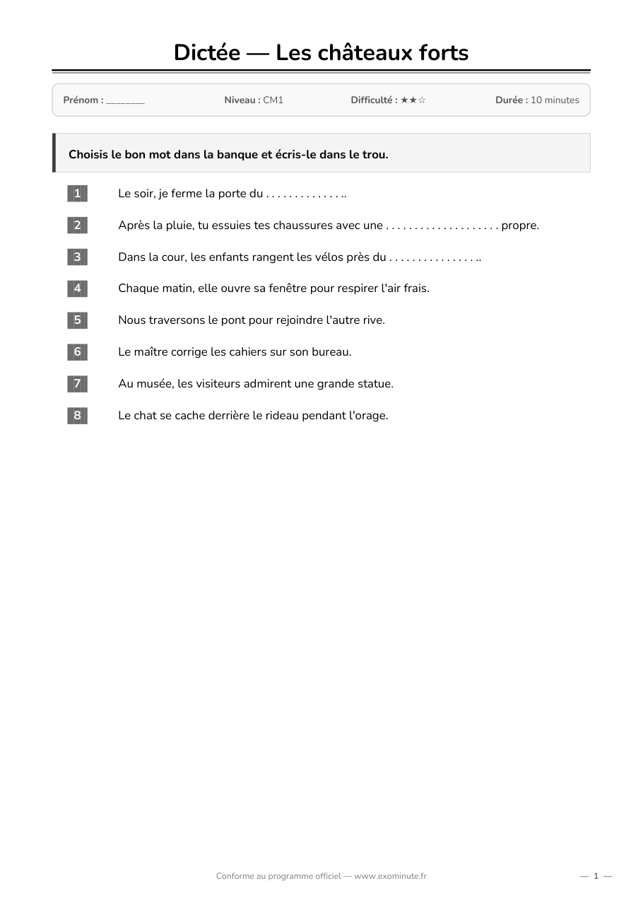 Aperçu de la fiche CM1
