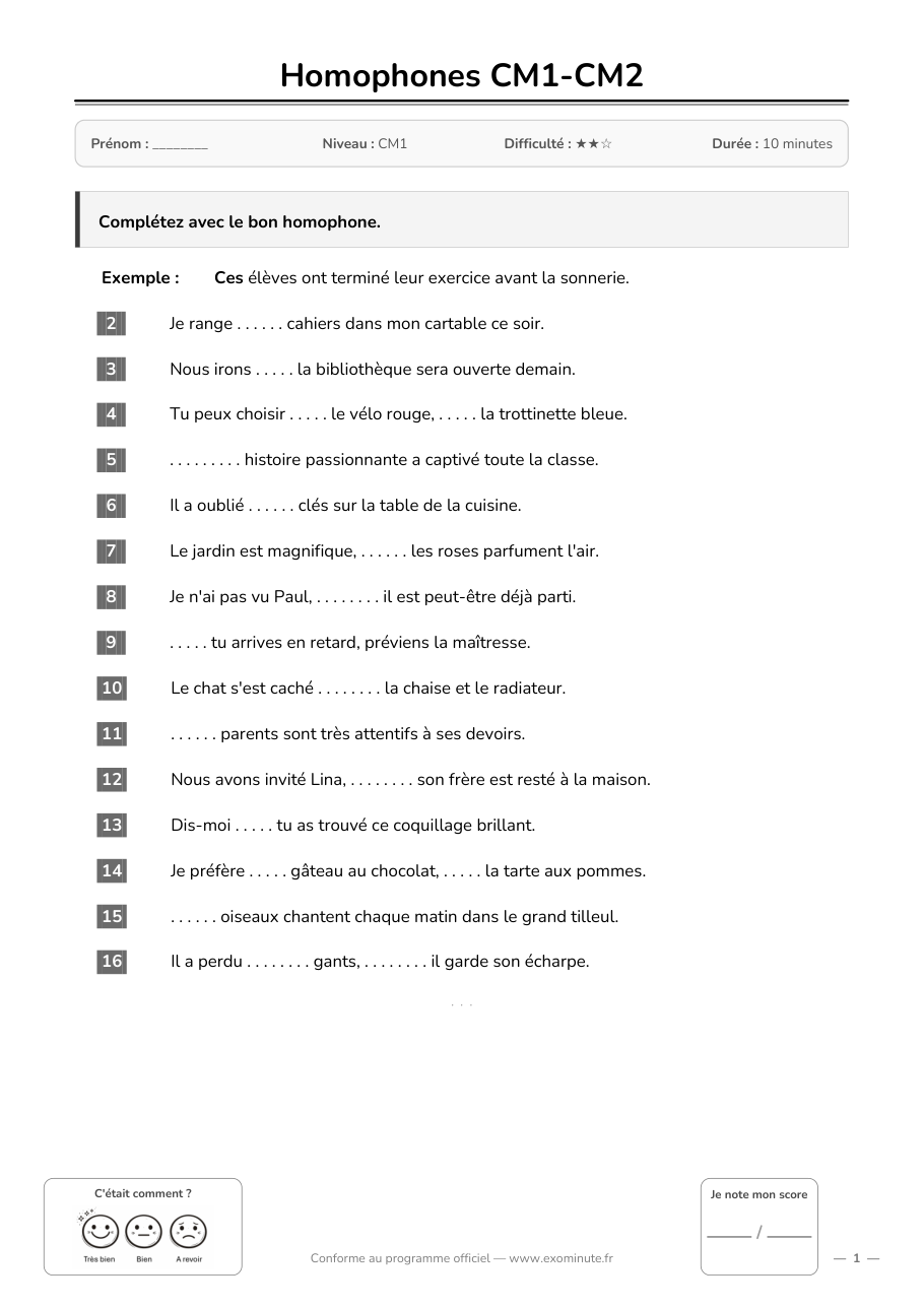 Aperçu de la fiche CM1