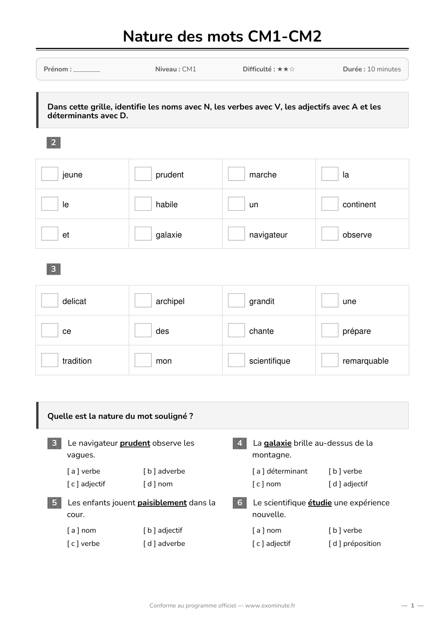 Aperçu de la fiche CM1