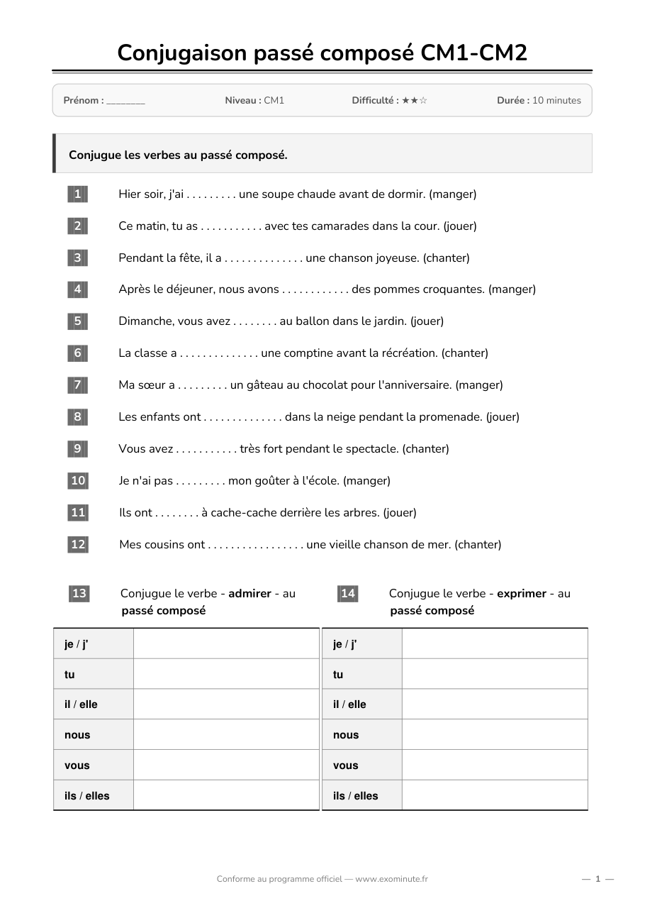 Aperçu de la fiche CM1