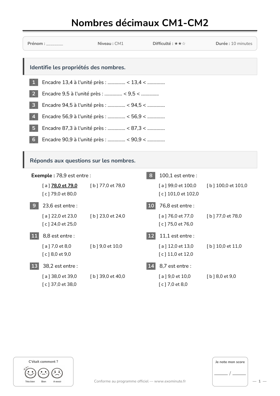 Aperçu de la fiche CM1