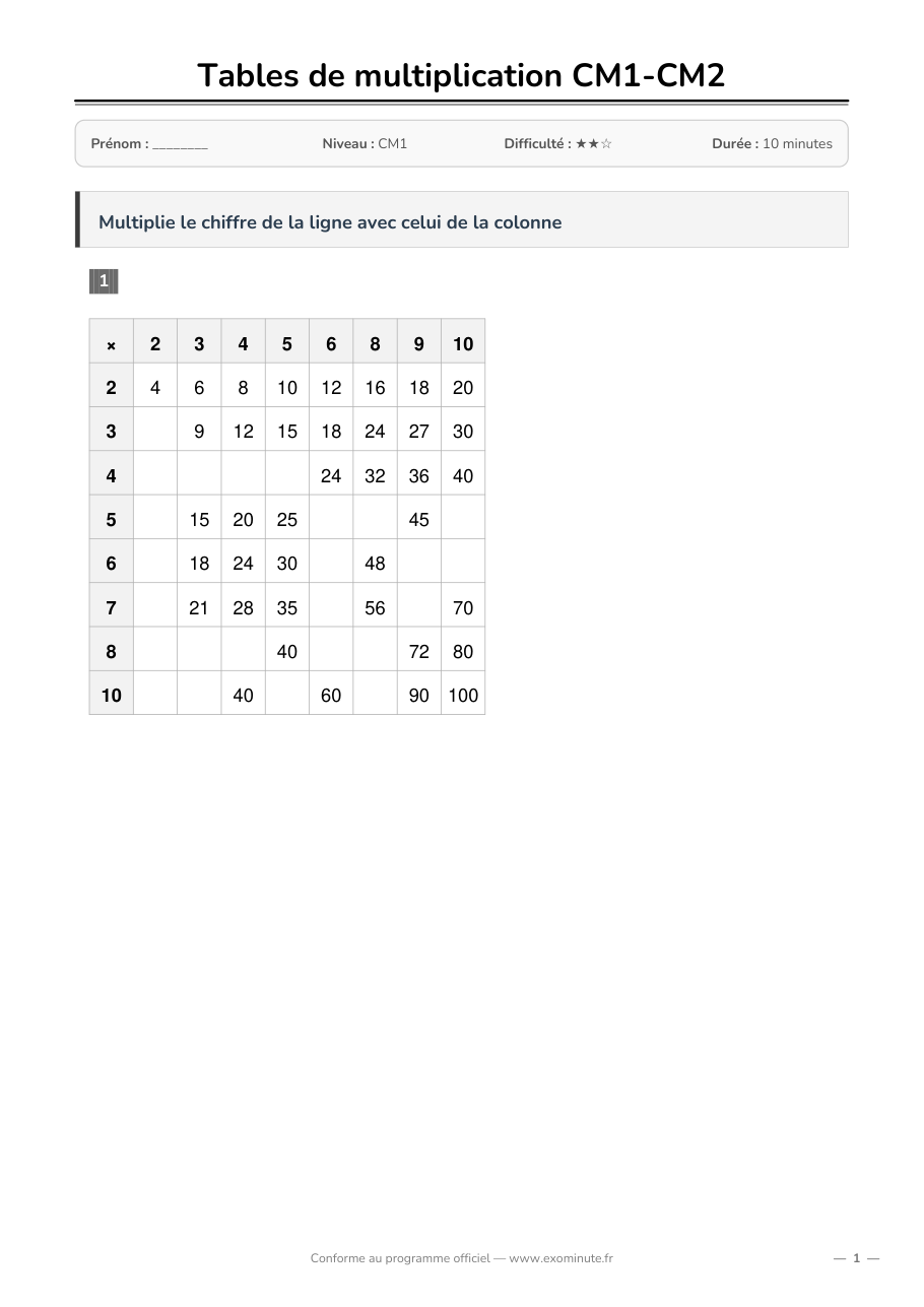 Aperçu de la fiche CM1