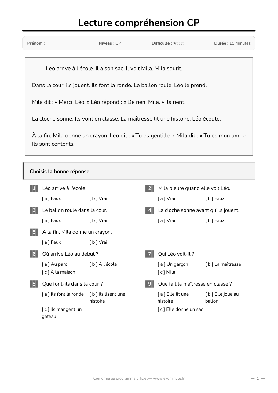 Aperçu de la fiche CP